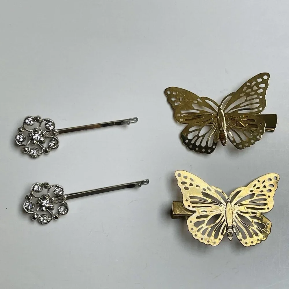 Silver Floral Gold Butterfly Bobby Pins Bridal Bride Wedding Day Hair Prom